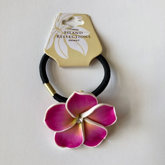 NWT Pink Hawaiian Flower Elastic Hair Tie Plumeria Island Reflections Li Aloha - Picture 2 of 6